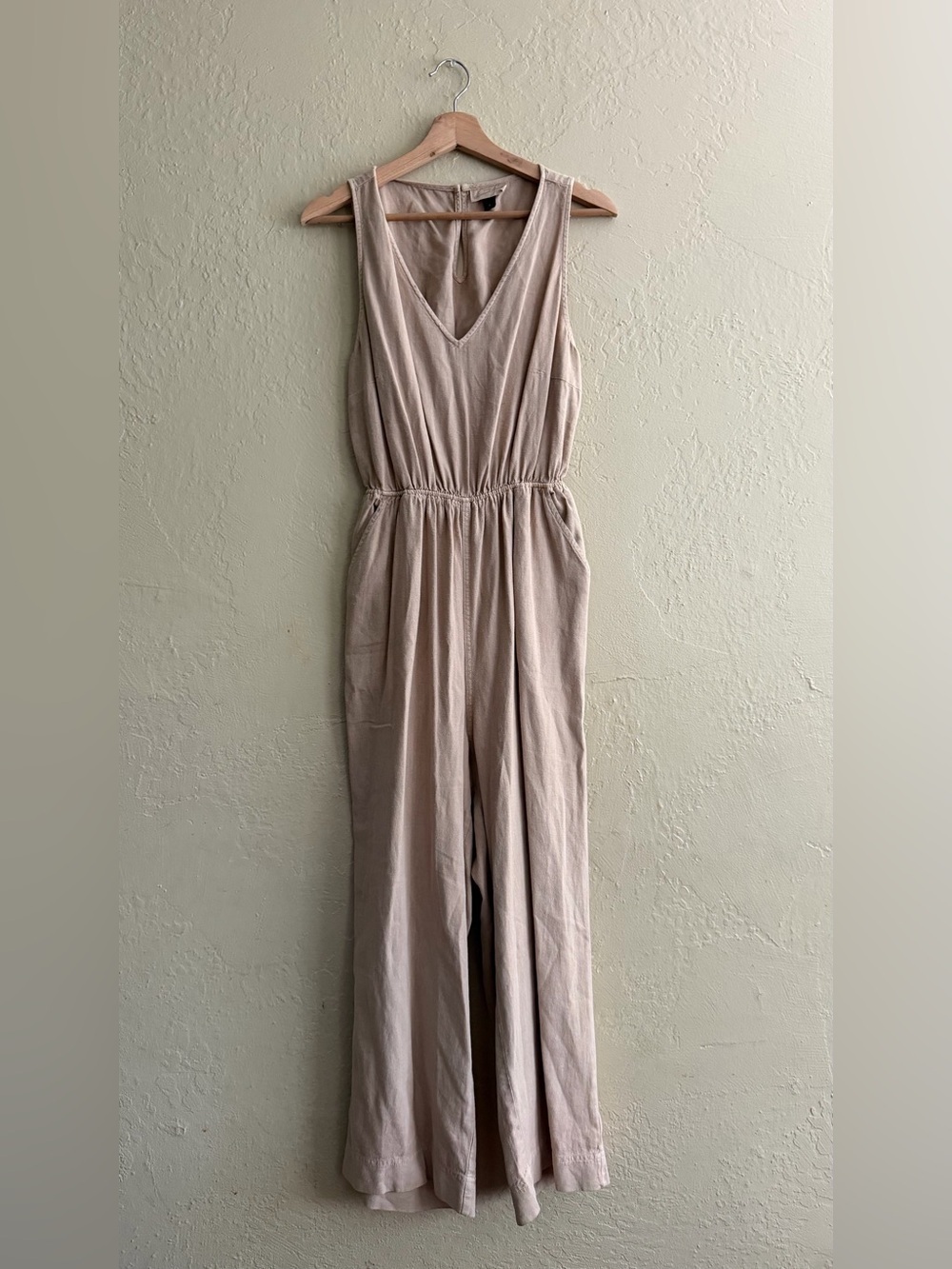 Sleeveless V-Neck Wide Leg Jumpsuit in Light Beige